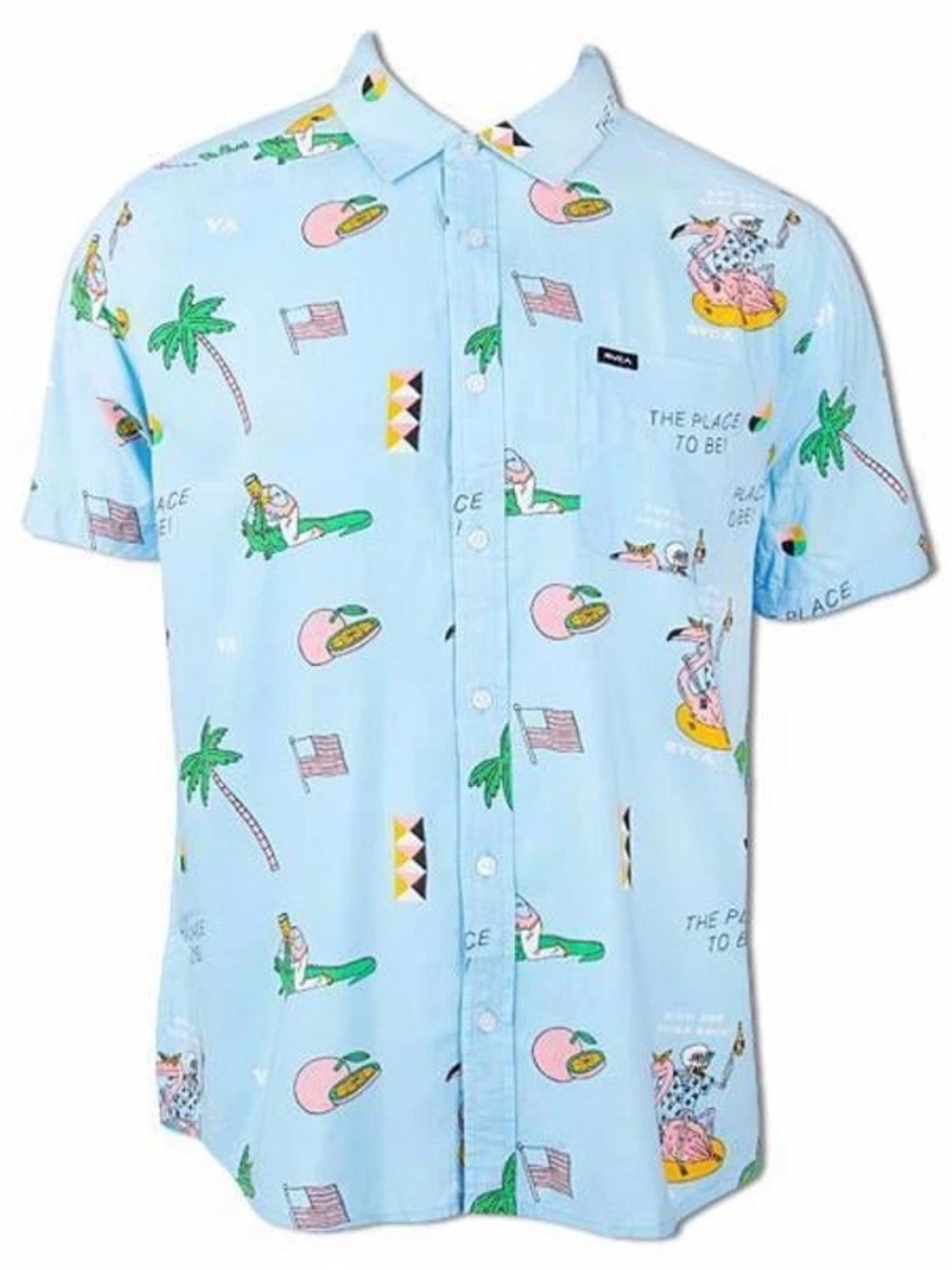 RVCA Light Blue Tropical Print Summer Short-Sleeve Button-Up Shirt